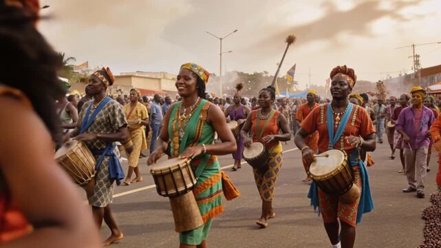 Vibrant African cultural festival parade joyful performer playing traditional drum celebration heritage colorful attire street crowd outdoor dancing