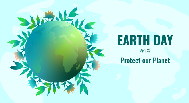 Horizontal banner on the theme of World Earth Day. Environmental concept of nature protection. The globe surrounded by green vegetation on a blue, celestial background and the text Protect our planet.