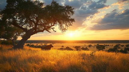 Fototapeta premium Angus cow grazing under oak trees at sunset, enjoying the golden hour in a serene landscape.