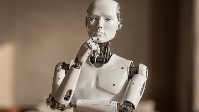 White humanoid robot android with thoughtful pose portrays artificial machine intelligence technology concept facing complex problem future logic