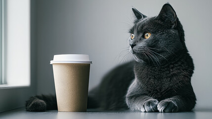 Gray Cat Relaxing Next to Coffee Cup