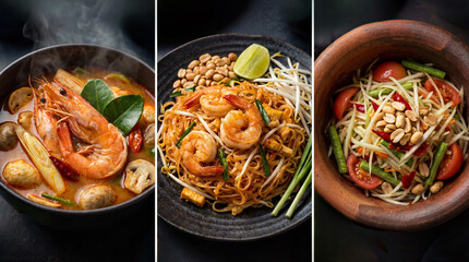 Collage of three images showcasing different types of Thai dishes, including Tom Yam, Pad Thai and Thai Papaya Salad