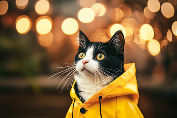 Adorable Cat in Yellow Raincoat with Bokeh Background
