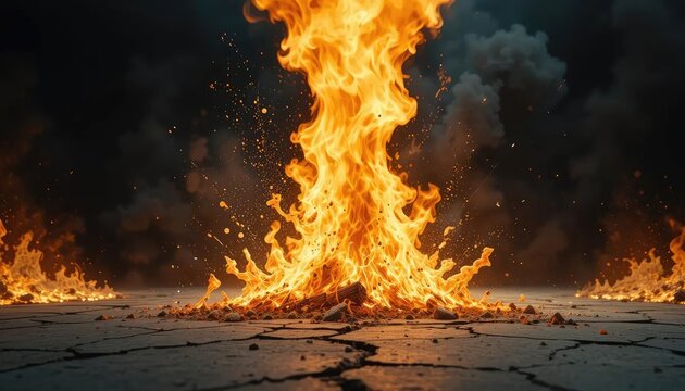 Intense flames engulf dry earth, fire rises high amidst smoke and heat on cracked ground, viewed from the front
