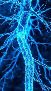 Close-up 3D rendering of a glowing blue neuron with electrical impulses traveling through its axon