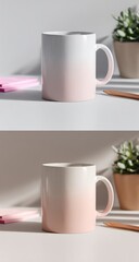 Obraz premium Two ombre mugs, top white-to-pink, bottom beige-to-pink, sit on a table with a plant and stationery, subtly lit