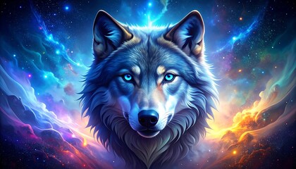 Mystical Wolf Portrait with Cosmic Background. © abid