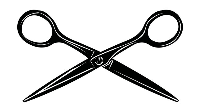 A black and white graphic illustration of crossed scissors. Blades are sharp and angled