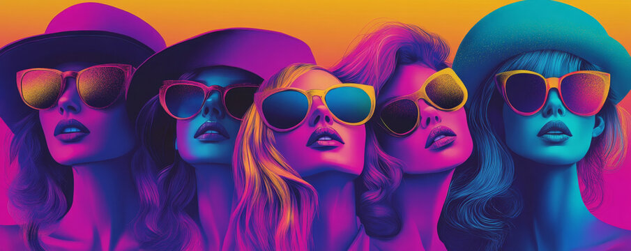Stylish Women in Sunglasses with Neon Gradient Lighting