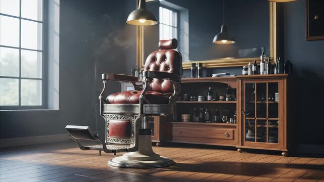Vintage Barber Chair in Retro Salon with Steaming Mirror and Wooden Cabinet