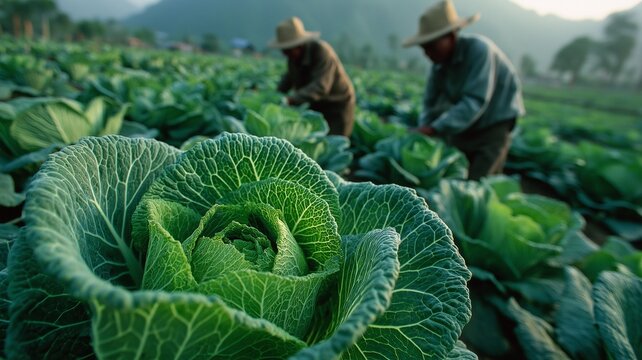 Two laborers on a field of cabbages