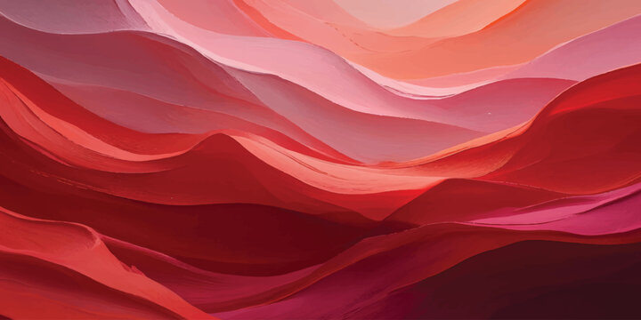 Soft red and pink silk fabric background with smooth flowing waves and a curved satin texture design creates a decorative motion textile illustration for a wallpaper backdrop