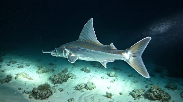 Sawfish swims over sand