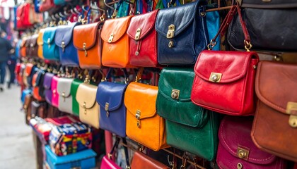 Colorful Handbags on Market Stall Display.