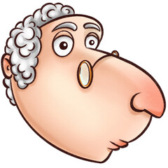 Caricature side profile portrait of an elderly man with curly gray hair, large nose and small round eyeglasses, stylized hand drawn illustration © Vitalii