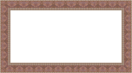 Freigestellter rechteckiger Bilderrahmen aus Holzst&uuml;ckchen und verzierten Holzleisten