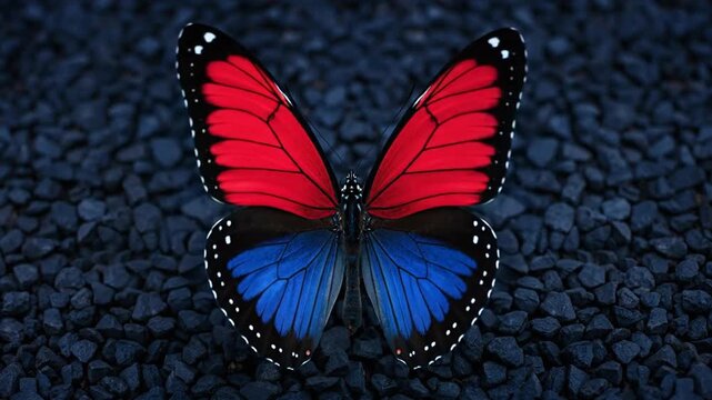 A striking butterfly with red and blue wings rests on a dark gravel background