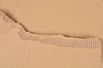 A close up full frame shot of a brown paper surface with a torn jagged edge revealing the internal corrugated cardboard layers