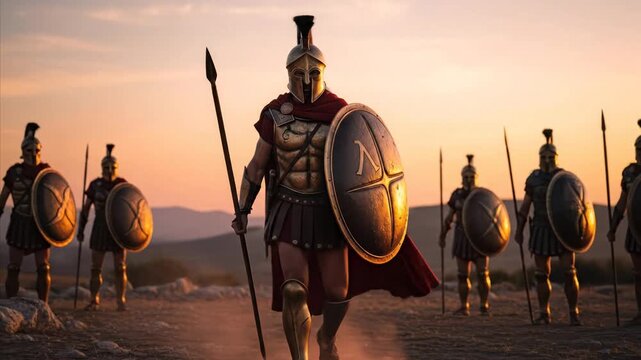 Ancient Greek Warriors Marching Formation at Sunset