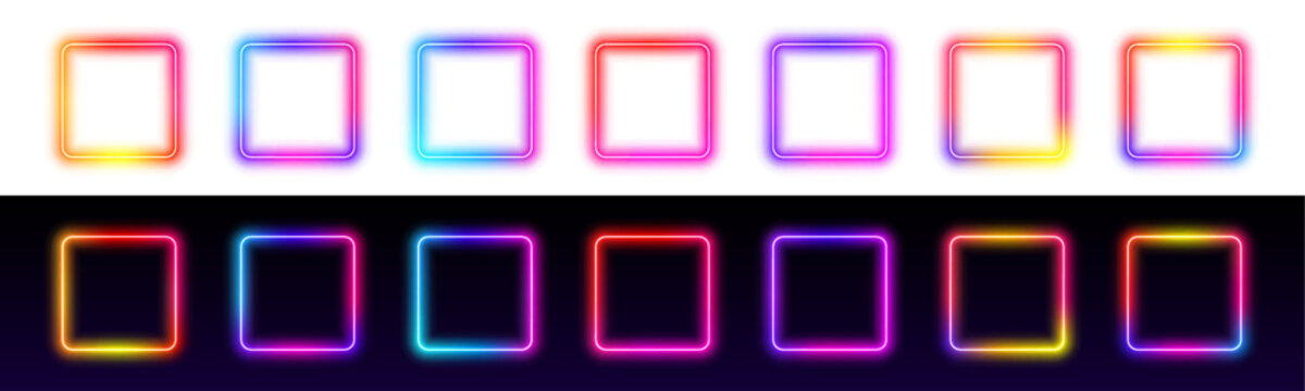 Vibrant neon square frame emits a soft electric glow. Transparent background allows easy overlay on digital designs. Perfect for futuristic web graphics or banners.