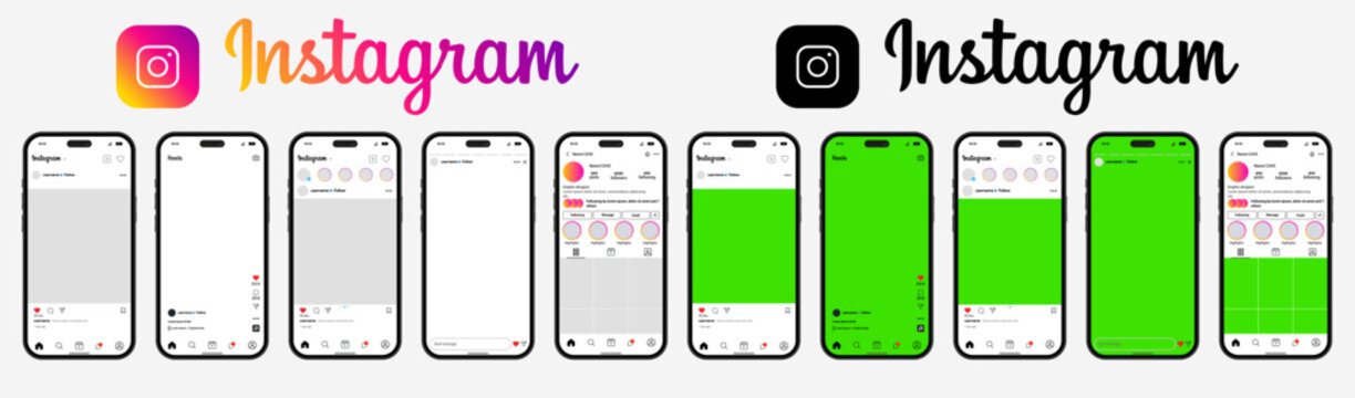 Comprehensive collection of vector smartphone mockups showcasing the Instagram application interface, including feed, profile, stories, and reels, with green screen placeholders for easy content 