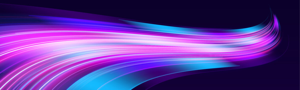 Violet and blue neon lines spiral forward over a futuristic highway. Layered motion blur enhances depth and kinetic flow. Vector illustration ideal for cyber visuals.