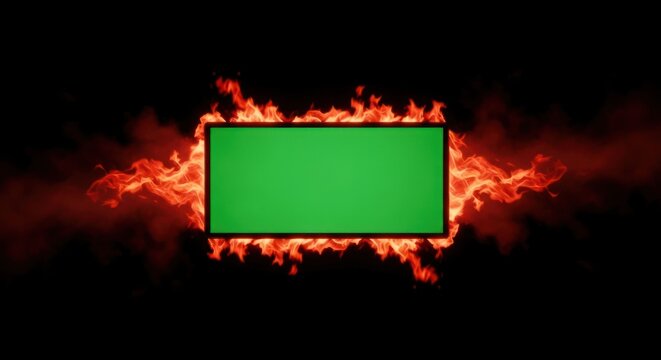 Green screen rectangle on fire against black backdrop