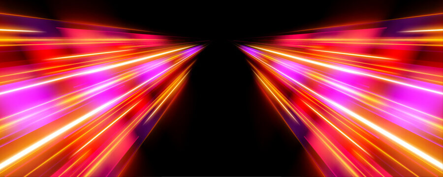 Urban expressway with pink, red, and yellow light trails twisting dynamically. Blue neon streaks highlight motion blur and futuristic energy. High-speed vector illustration.