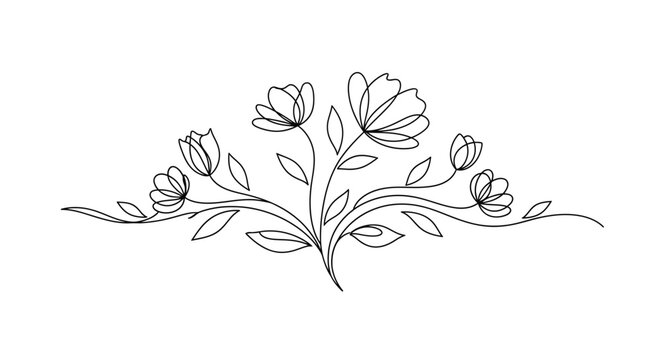 Minimalist black outline drawing creates an elegant symmetrical floral divider, capturing the single flower drawing style.