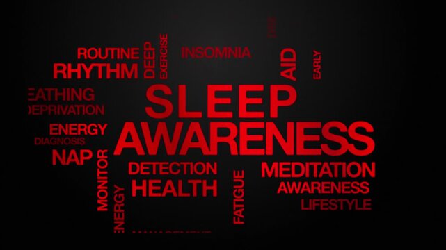 sleep awareness concept Animated Tag Word Cloud kinetic typography, Text Design Animation typography seamless loop video motion graphics Intro Wordart arrangement red type on black backdrop bg backgro