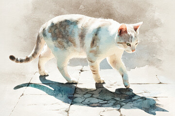 Elegant Watercolor Painting of a Cat Walking