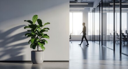 Fototapeta premium Plant by wall, office corridor with blurred figure beyond