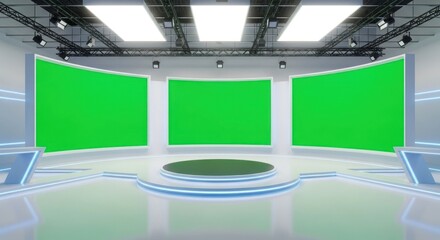 Fototapeta premium Studio with three green screens & stage