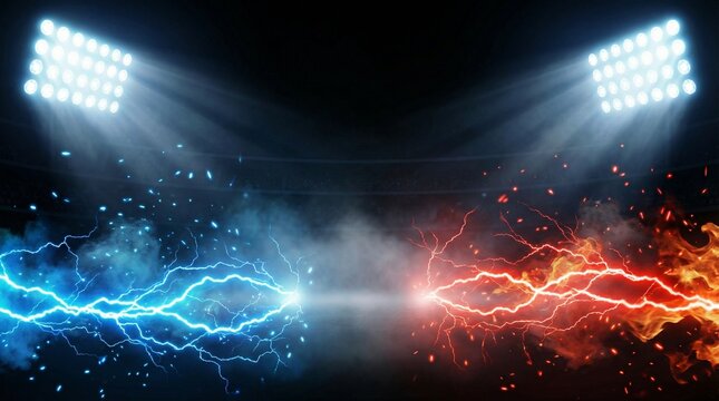 Intense clash of blue and red lightning bolts with stadium lights and smoke electricity energy storm