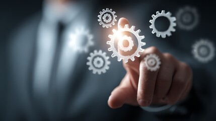 Obraz premium Businessman Interacting with Virtual Automation Icons