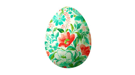 Hand painted watercolor easter egg with whimsical red, turquoise and green floral pattern, ornate botanical blossoms and leaves on transparent background, festive spring motif
