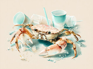 Crab Surrounded by Plastic Waste and Cups
