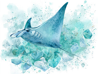 Colorful Watercolor Illustration of a Ray Swimming