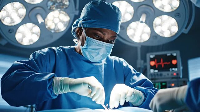 Female surgeon operating with instruments in a brightly lit hospital operating room