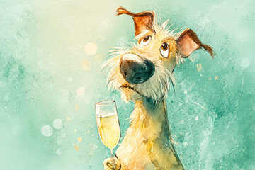 Whimsical Dog Holding a Glass of Champagne