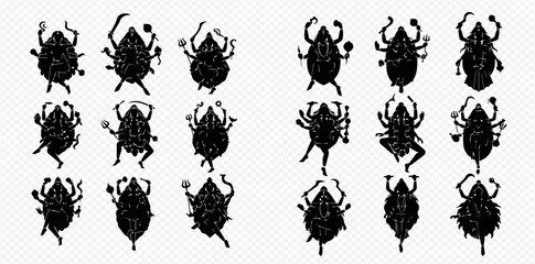 Set of various beetle silhouettes in black and white, featuring different insect species and poses. © Adji