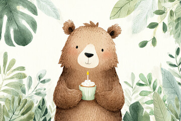 Cute Bear Holding a Cupcake in a Lush Greenery Background