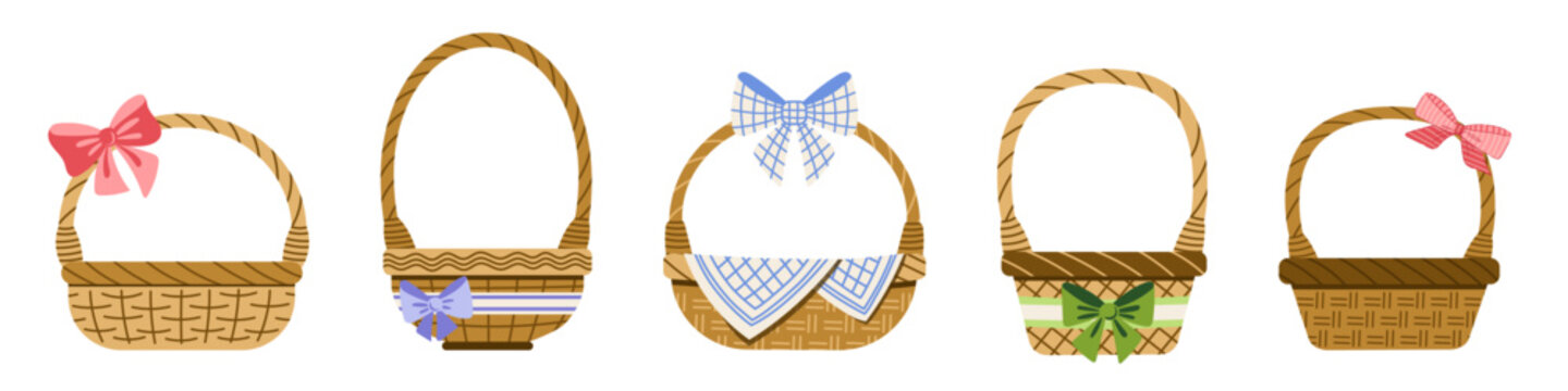 Empty wicker basket with napkin and colored satin bows decoration set. Picnic willow baskets, empty straw hampers, decorative wicker baskets with handle. Vector illustration set.