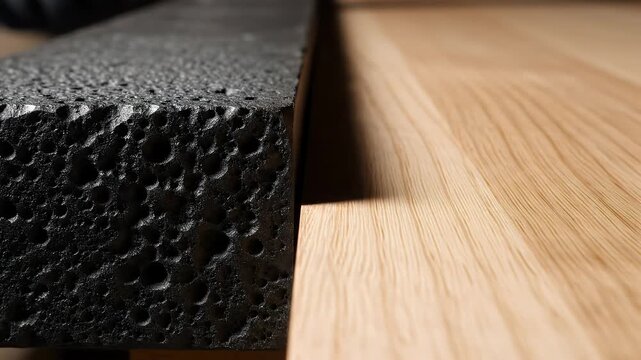 Close up of textured black material juxtaposed against smooth light wood grain