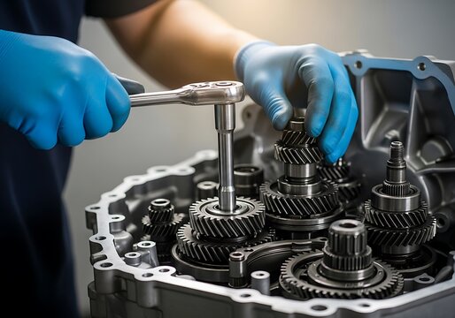 Mechanic repairing a transmission gearbox