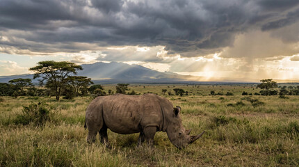 Obraz premium Rhinoceros on the Savanna Under Dramatic Storm Clouds