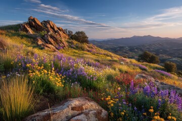 Naklejka premium Dewy blossoms blanket a high butte at dawn, expansive horizon