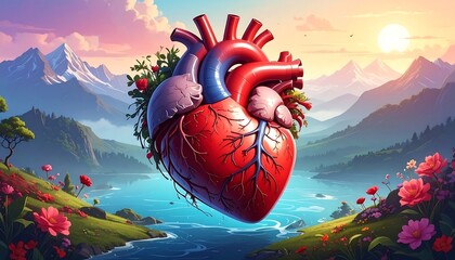 Surreal Heart Landscape with Mountains and Lake.