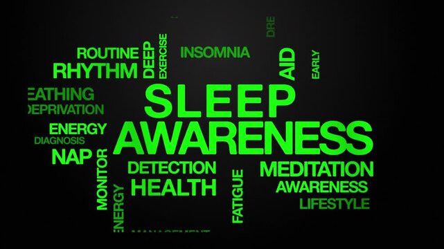 sleep awareness concept Animated Tag Word Cloud kinetic typography, Text Design Animation typography seamless loop video motion graphics Intro Wordart arrangement green type on black backdrop bg backg