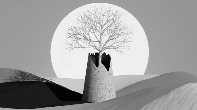 A stark, solitary tree emerges from a weathered stone structure amidst rolling desert dunes under a vast, bright sun